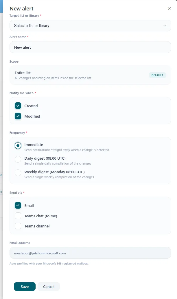 AlertSentinel create-alert form: target list, notify-when triggers, frequency, and delivery via email or Teams.